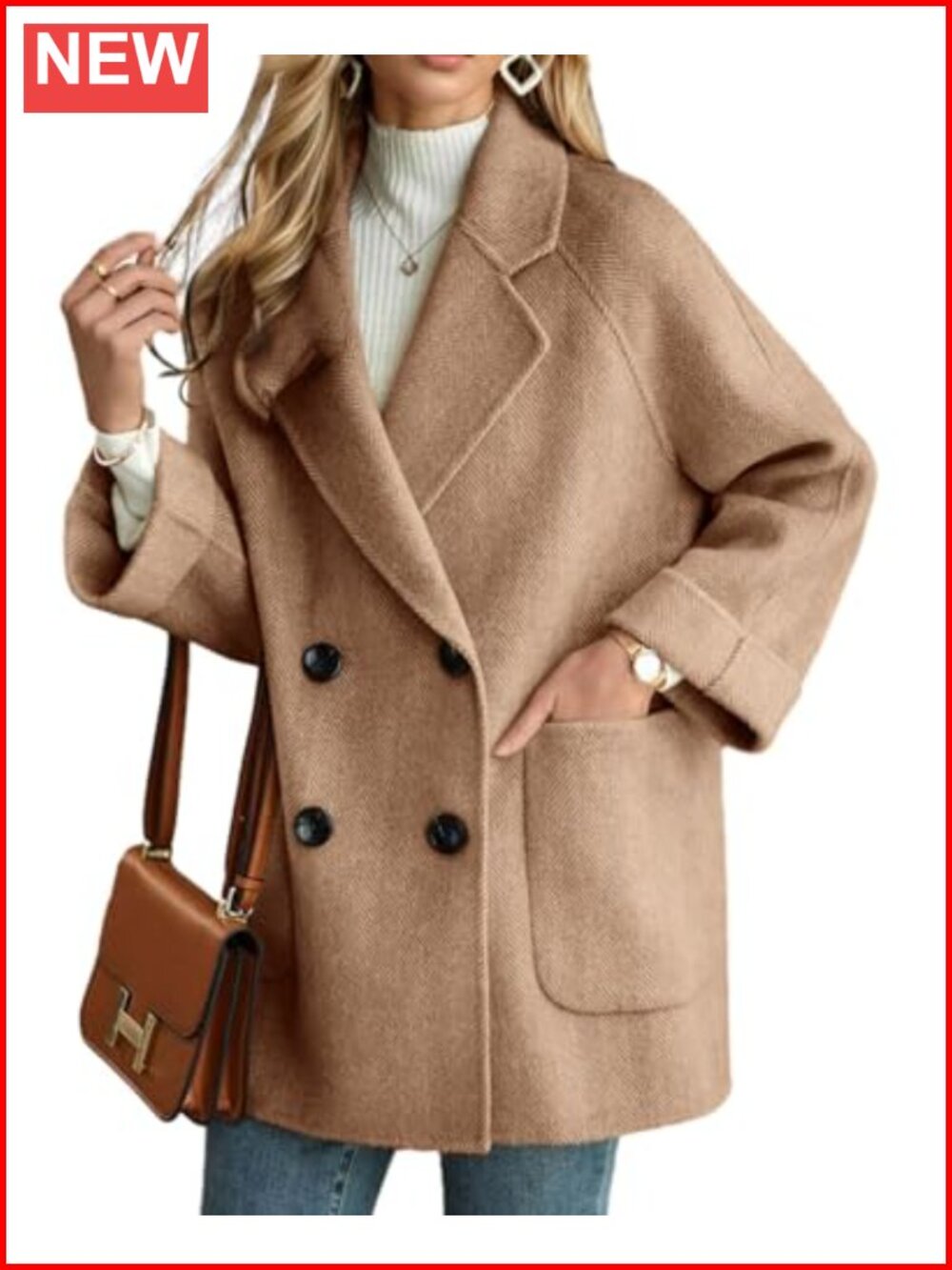 Wool Blend Peacoat Jacket Double Breasted Mid Long Winter Coat